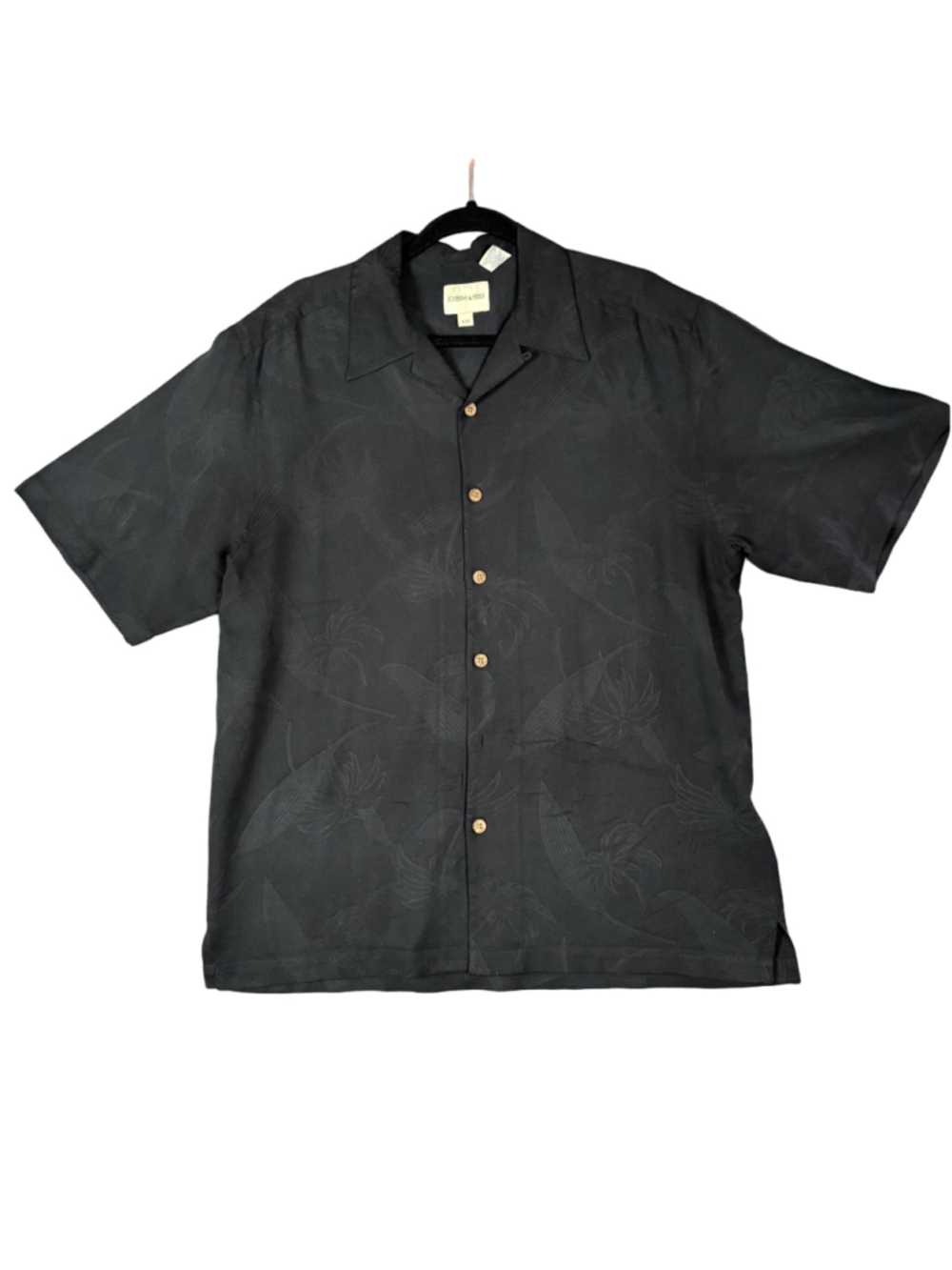 Joseph & Feiss Mens L Black Silk Hawaiian Camp Shirt Tropical Button Up